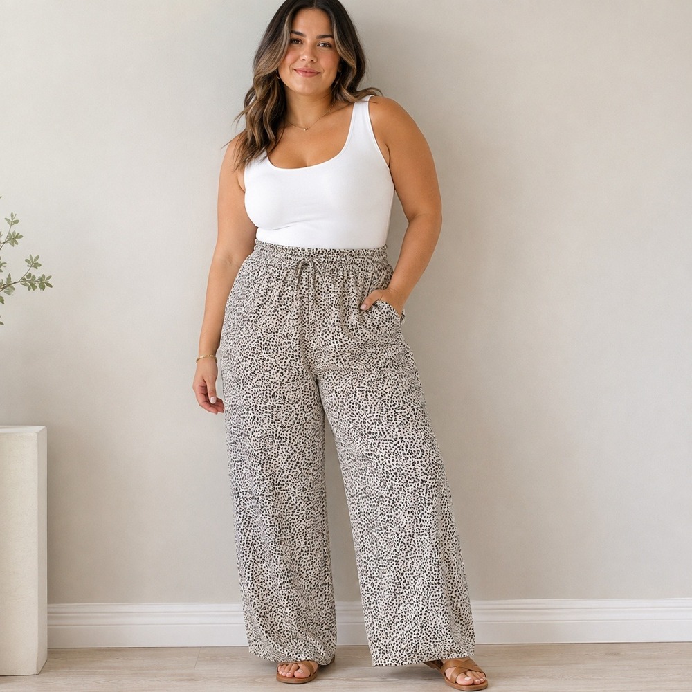 Norton McNaughton Leopard Print 100% Rayon Wide Leg Pants Size 14